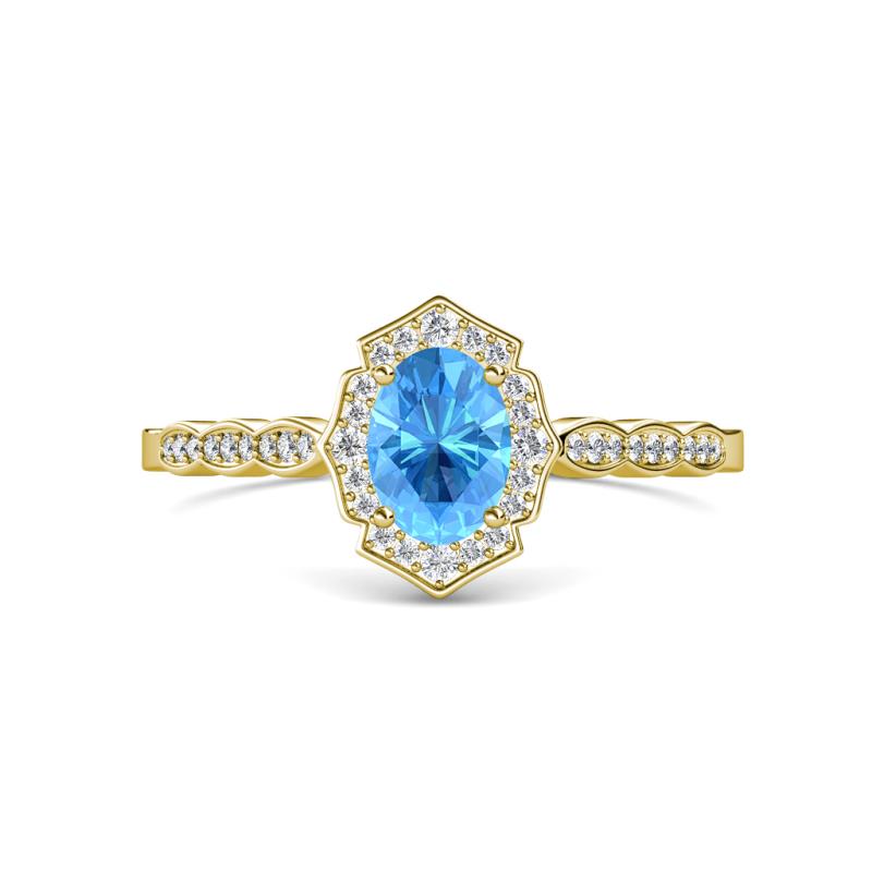 Flora Desire Oval Cut Blue Topaz and Round Lab Grown Diamond Vintage Scallop Halo Engagement Ring 