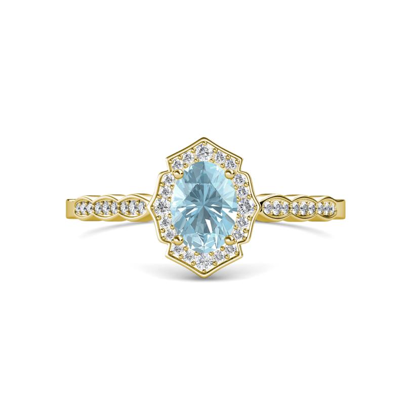 Flora Desire Oval Cut Aquamarine and Round Lab Grown Diamond Vintage Scallop Halo Engagement Ring 