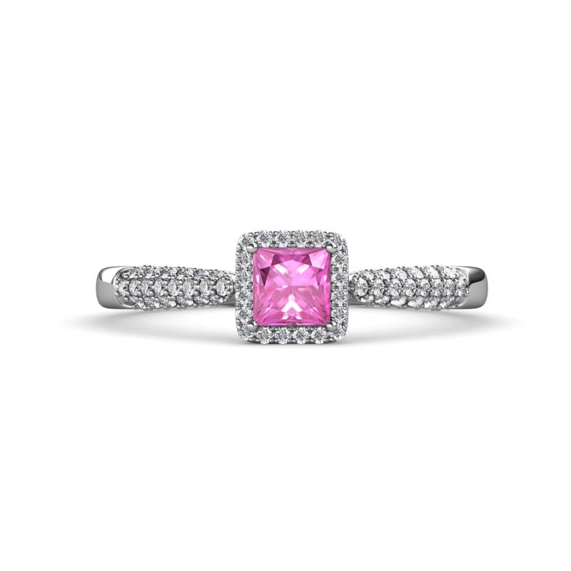 Emily Classic 5.50 mm Princess Cut Lab Created Pink Sapphire and Round Diamond Micro Pave Tapered Shank Halo Engagement Ring 
