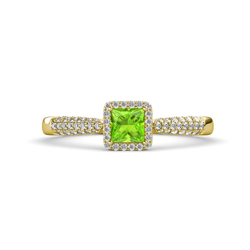 Emily Classic 5.50 mm Princess Cut Peridot and Round Diamond Micro Pave Tapered Shank Halo Engagement Ring 