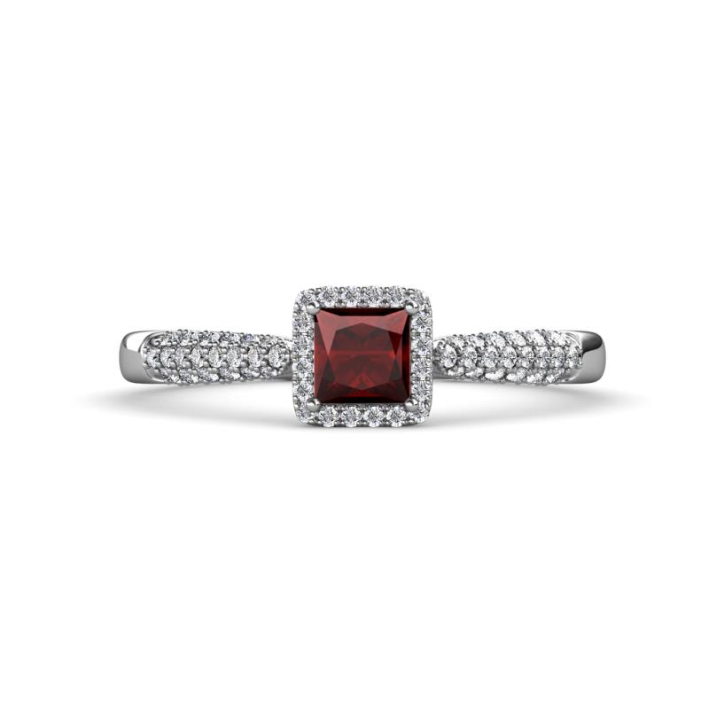 Emily Classic 5.50 mm Princess Cut Red Garnet and Round Diamond Micro Pave Tapered Shank Halo Engagement Ring 