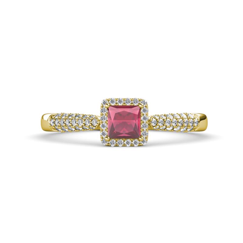 Emily Classic 5.50 mm Princess Cut Rhodolite Garnet and Round Diamond Micro Pave Tapered Shank Halo Engagement Ring 