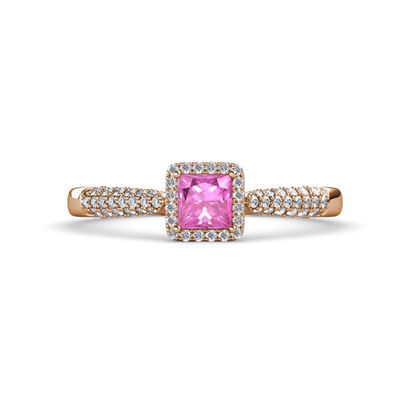 Emily Classic 5.50 mm Princess Cut Lab Created Pink Sapphire and Round Diamond Micro Pave Tapered Shank Halo Engagement Ring 