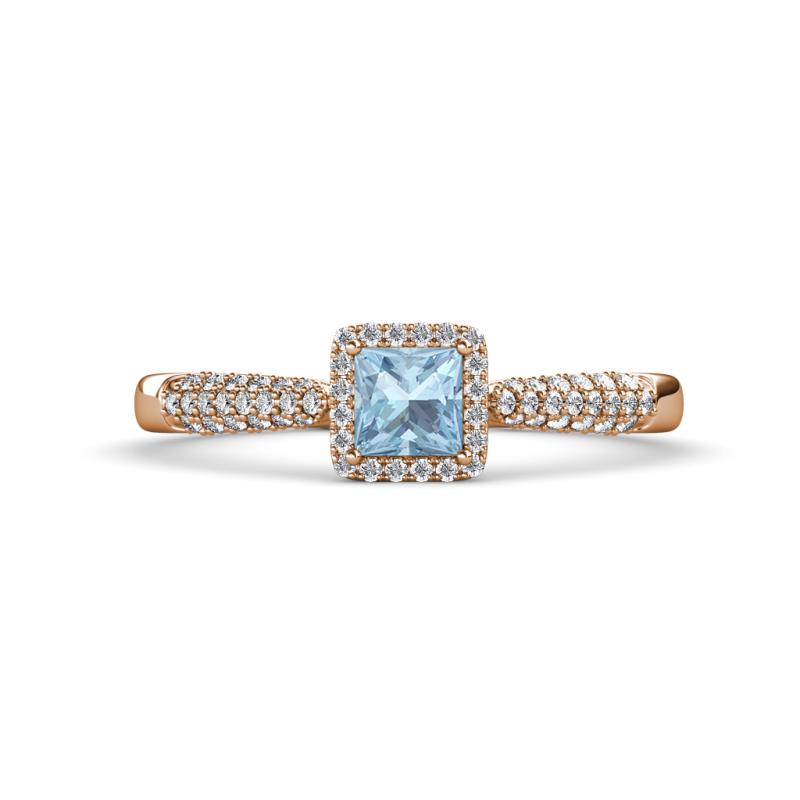 Emily Classic 5.50 mm Princess Cut Aquamarine and Round Diamond Micro Pave Tapered Shank Halo Engagement Ring 