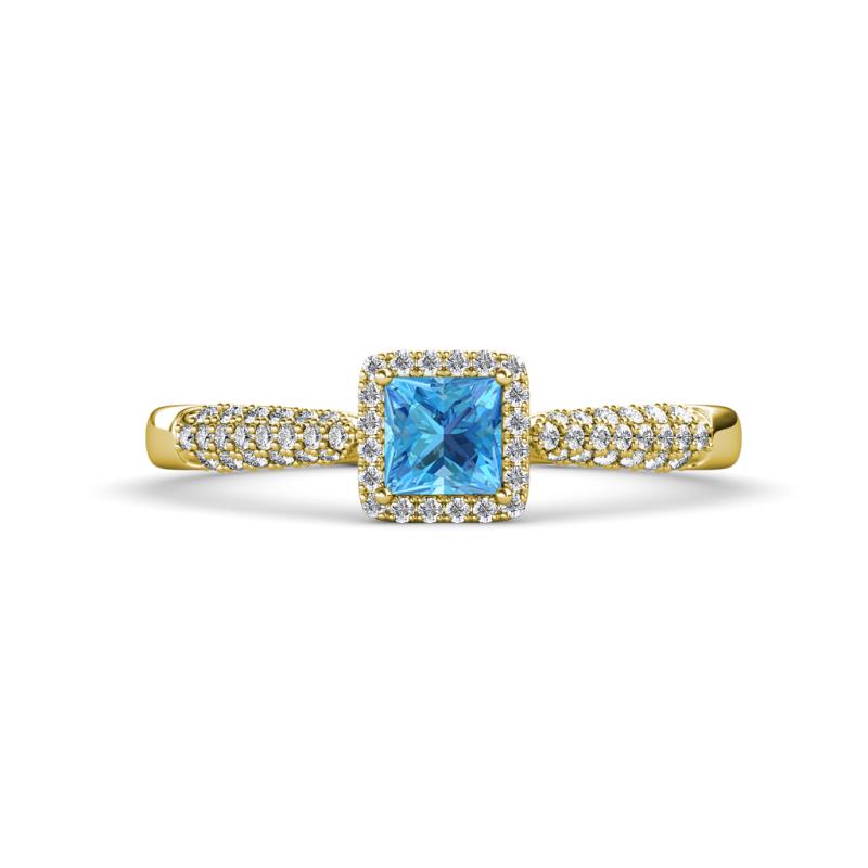 Emily Classic 5.50 mm Princess Cut Blue Topaz and Round Diamond Micro Pave Tapered Shank Halo Engagement Ring 