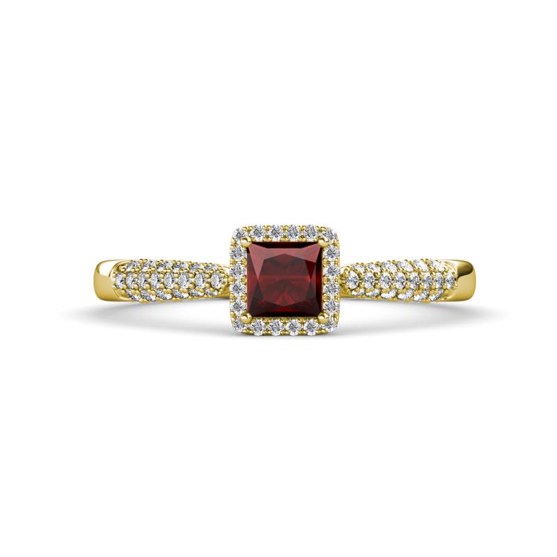 Emily Classic 5.50 mm Princess Cut Red Garnet and Round Diamond Micro Pave Tapered Shank Halo Engagement Ring 