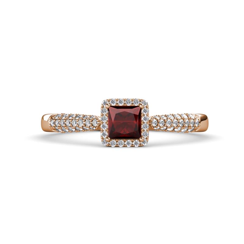 Emily Classic 5.50 mm Princess Cut Red Garnet and Round Diamond Micro Pave Tapered Shank Halo Engagement Ring 