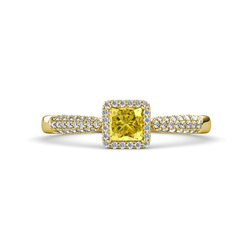 Emily Classic 5.50 mm Princess Cut Lab Created Yellow Sapphire and Round Diamond Micro Pave Tapered Shank Halo Engagement Ring 