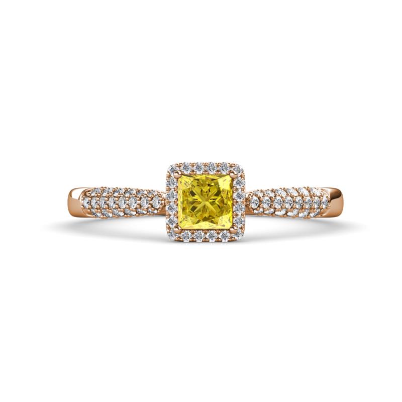 Emily Classic 5.50 mm Princess Cut Lab Created Yellow Sapphire and Round Diamond Micro Pave Tapered Shank Halo Engagement Ring 