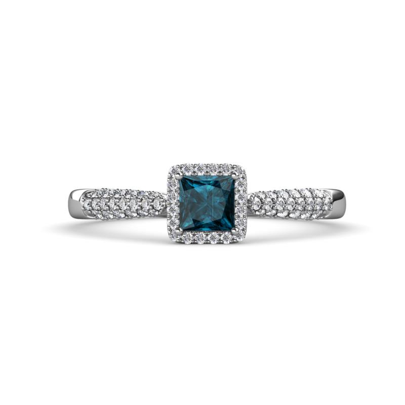 Emily Classic 5.50 mm Princess Cut Blue Diamond and Round White Diamond Micro Pave Tapered Shank Halo Engagement Ring 