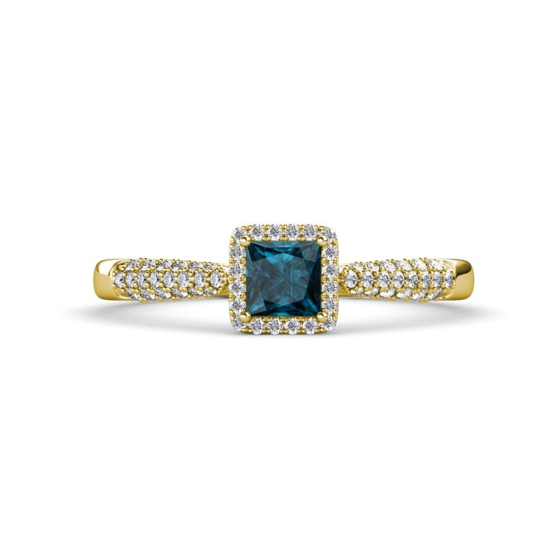 Emily Classic 5.50 mm Princess Cut Blue Diamond and Round White Diamond Micro Pave Tapered Shank Halo Engagement Ring 
