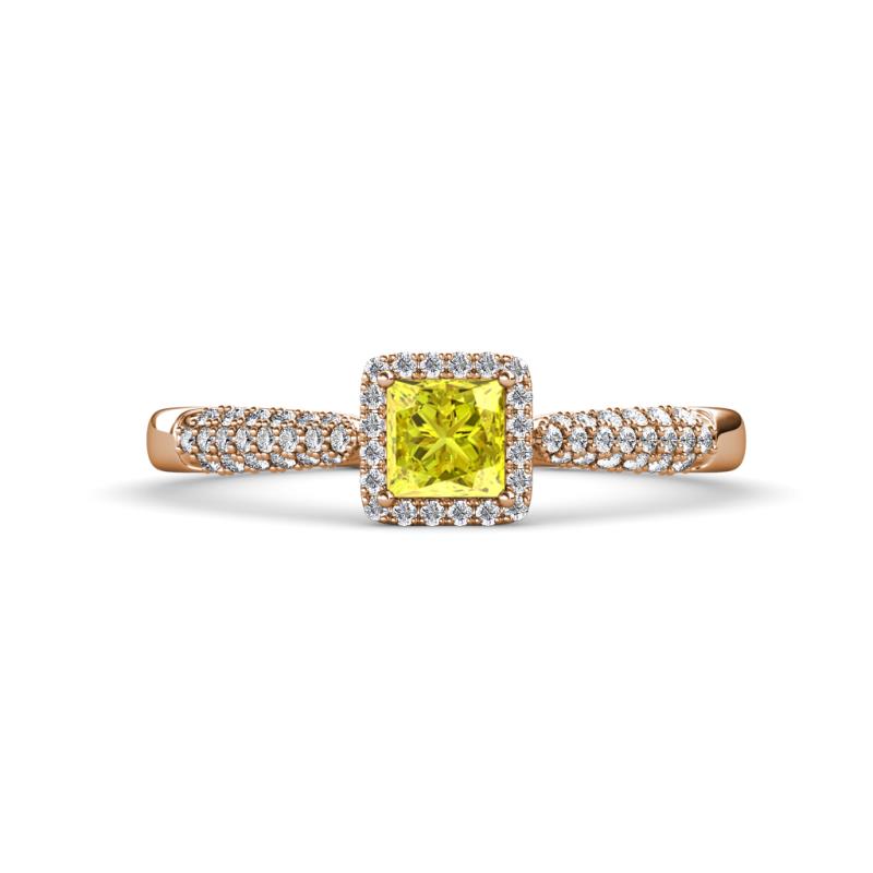Emily Classic 5.50 mm Princess Cut Yellow Diamond and Round White Diamond Micro Pave Tapered Shank Halo Engagement Ring 