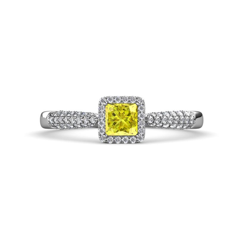 Emily Classic 5.50 mm Princess Cut Yellow Diamond and Round White Diamond Micro Pave Tapered Shank Halo Engagement Ring 