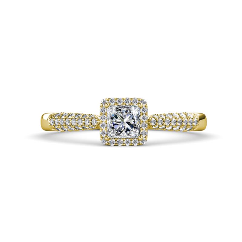 Emily Classic 5.50 mm Princess Cut and Round Diamond Micro Pave Tapered Shank Halo Engagement Ring 