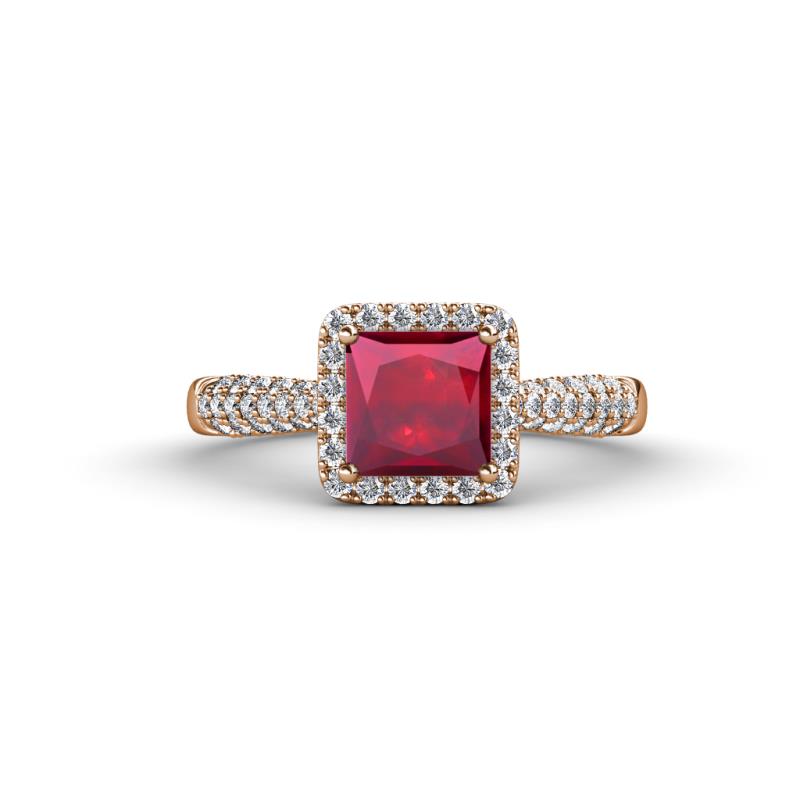 Emily Classic 6.50 mm Princess Cut Chatham Created Ruby and Round Natural Diamond Micro Pave Tapered Shank Halo Engagement Ring 
