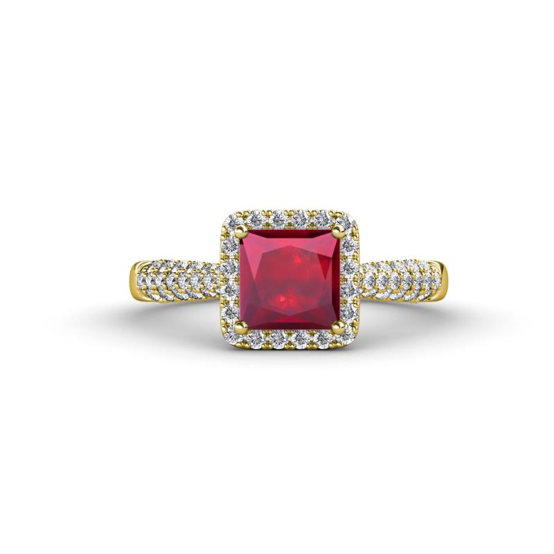 Emily Classic 6.50 mm Princess Cut Chatham Created Ruby and Round Natural Diamond Micro Pave Tapered Shank Halo Engagement Ring 