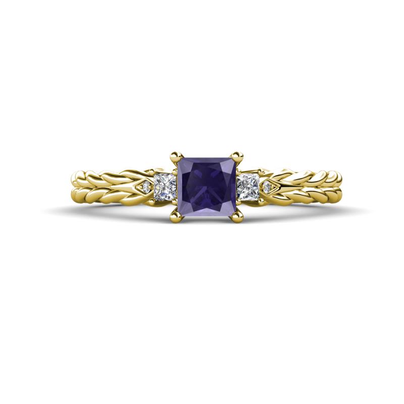 Lyla Classic Princess Cut Iolite and Diamond Braided Shank Three Stone Engagement Ring 