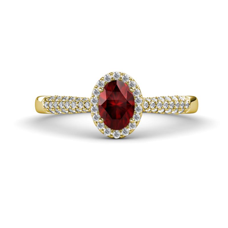 Emily Classic Oval Cut Red Garnet and Round Diamond Micro Pave Tapered Shank Halo Engagement Ring 