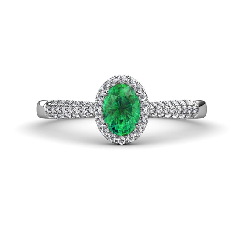 Emily Classic Oval Cut Emerald and Round Diamond Micro Pave Tapered Shank Halo Engagement Ring 