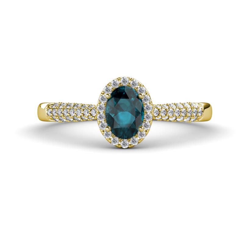 Emily Classic Oval Cut London Blue Topaz and Round Diamond Micro Pave Tapered Shank Halo Engagement Ring 