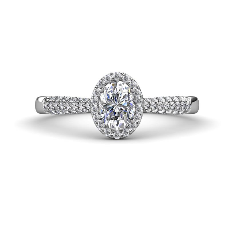 Emily Classic Oval Cut and Round Diamond Micro Pave Tapered Shank Halo Engagement Ring 