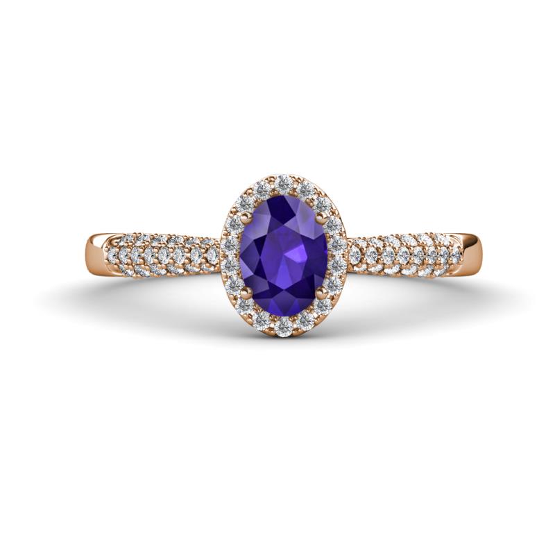 Emily Classic Oval Cut Iolite and Round Diamond Micro Pave Tapered Shank Halo Engagement Ring 