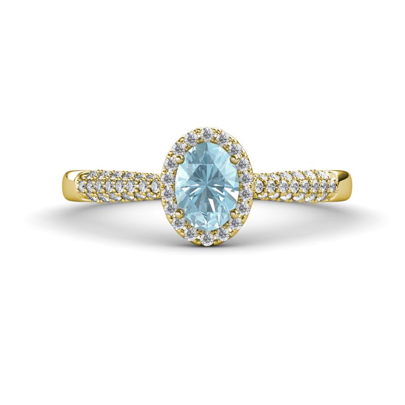 Emily Classic Oval Cut Aquamarine and Round Diamond Micro Pave Tapered Shank Halo Engagement Ring 