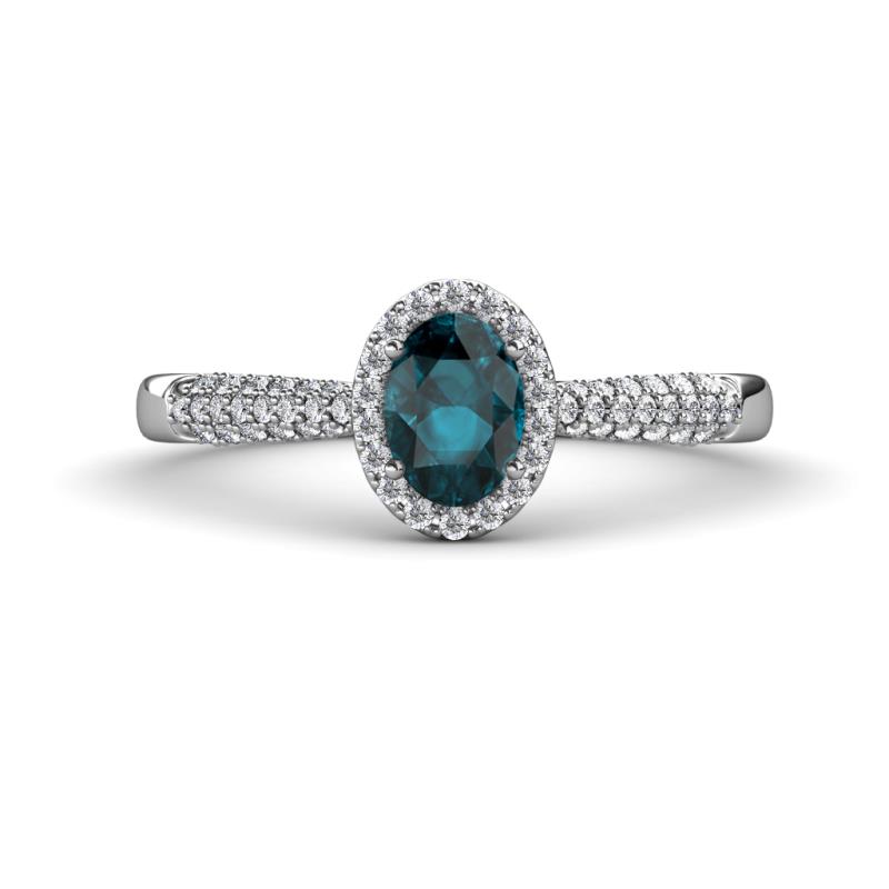 Emily Classic Oval Cut London Blue Topaz and Round Diamond Micro Pave Tapered Shank Halo Engagement Ring 