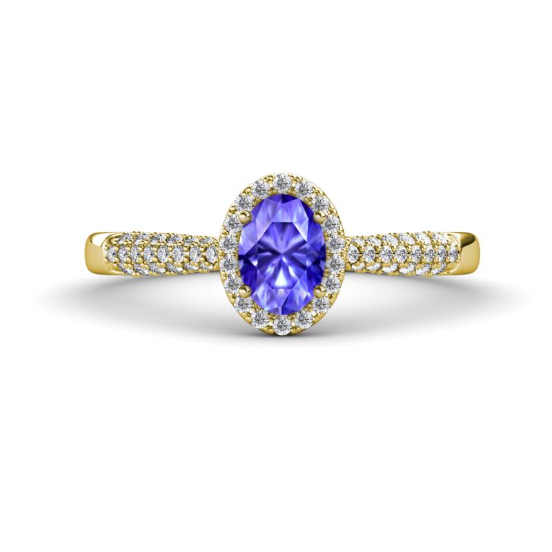 Emily Classic Oval Cut Tanzanite and Round Diamond Micro Pave Tapered Shank Halo Engagement Ring 