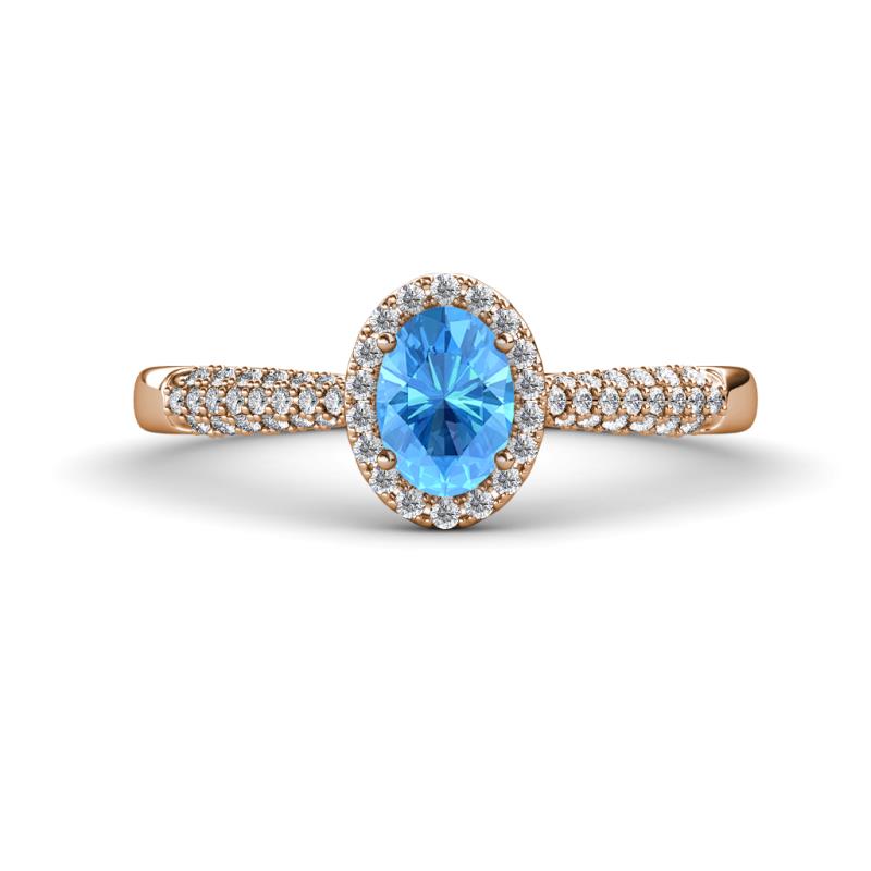 Emily Classic Oval Cut Blue Topaz and Round Diamond Micro Pave Tapered Shank Halo Engagement Ring 