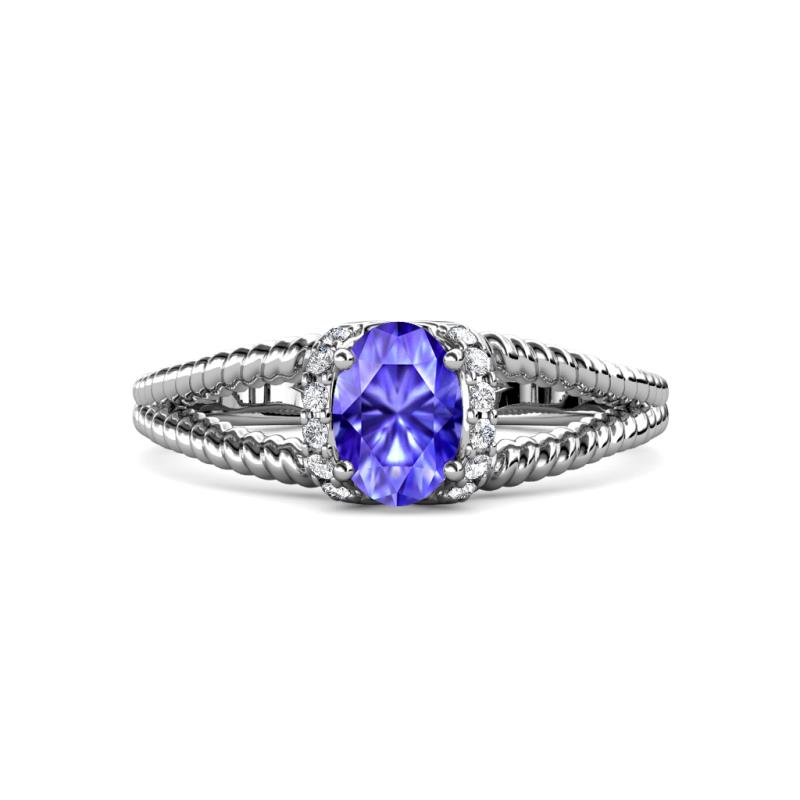 Ana Desire Oval Cut Tanzanite and Round Lab Grown Diamond Twist Rope Split Shank Engagement Ring 