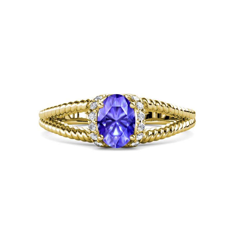 Ana Desire Oval Cut Tanzanite and Round Lab Grown Diamond Twist Rope Split Shank Engagement Ring 