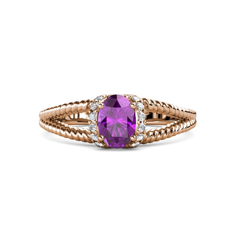 Ana Desire Oval Cut Amethyst and Round Lab Grown Diamond Twist Rope Split Shank Engagement Ring 