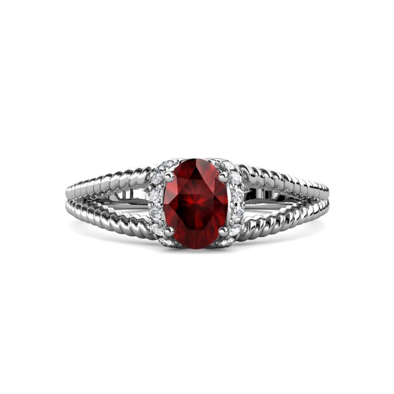 Ana Desire Oval Cut Red Garnet and Round Lab Grown Diamond Twist Rope Split Shank Engagement Ring 