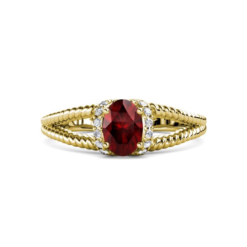 Ana Desire Oval Cut Red Garnet and Round Lab Grown Diamond Twist Rope Split Shank Engagement Ring 