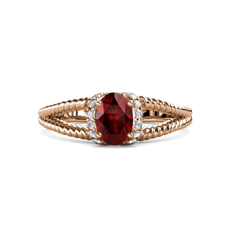 Ana Desire Oval Cut Red Garnet and Round Lab Grown Diamond Twist Rope Split Shank Engagement Ring 