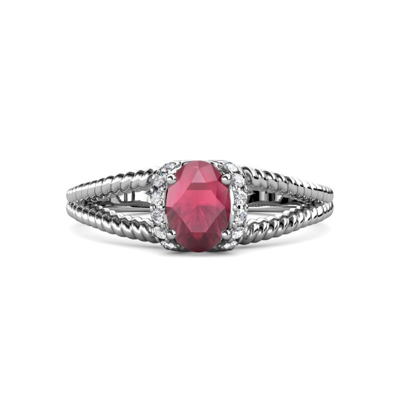 Ana Desire Oval Cut Rhodolite Garnet and Round Lab Grown Diamond Twist Rope Split Shank Engagement Ring 