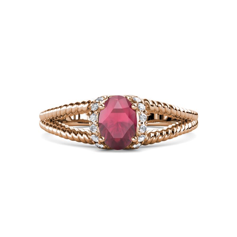 Ana Desire Oval Cut Rhodolite Garnet and Round Lab Grown Diamond Twist Rope Split Shank Engagement Ring 