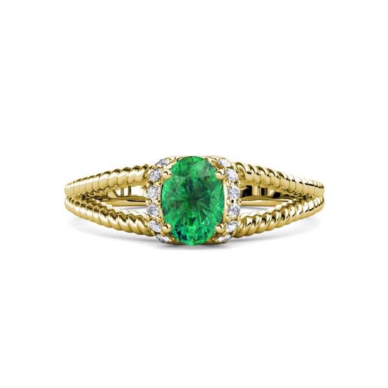 Ana Desire Oval Cut Emerald and Round Lab Grown Diamond Twist Rope Split Shank Engagement Ring 