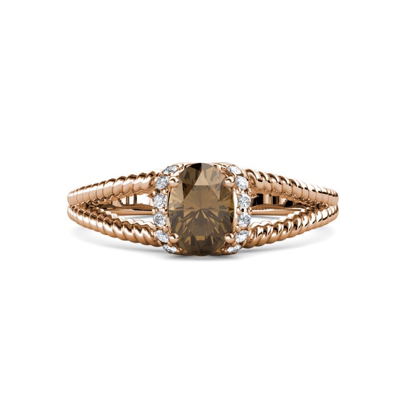 Ana Desire Oval Cut Smoky Quartz and Round Lab Grown Diamond Twist Rope Split Shank Engagement Ring 