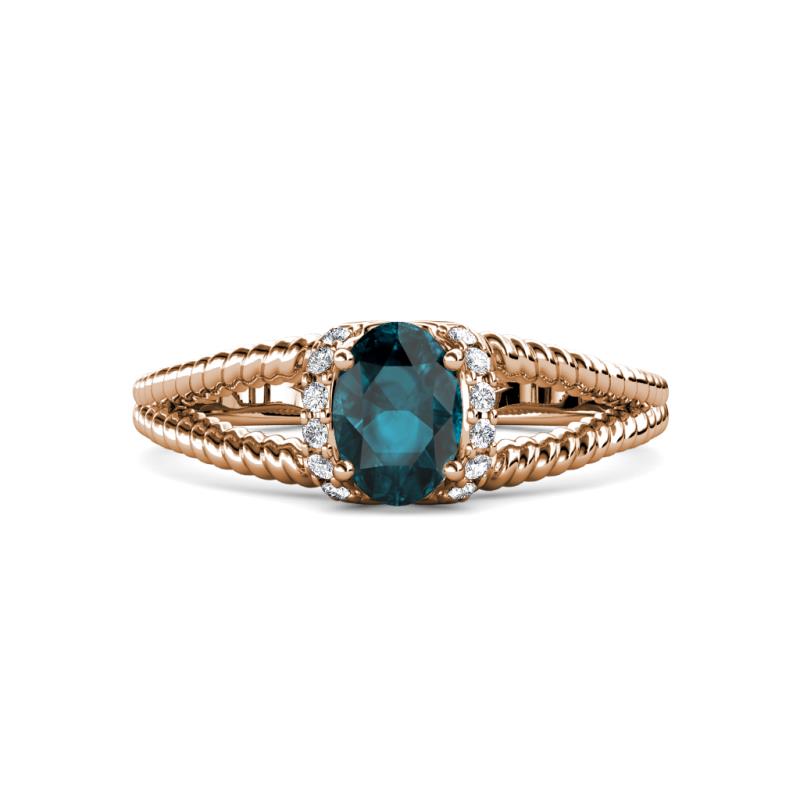 Ana Desire Oval Cut London Blue Topaz and Round Lab Grown Diamond Twist Rope Split Shank Engagement Ring 