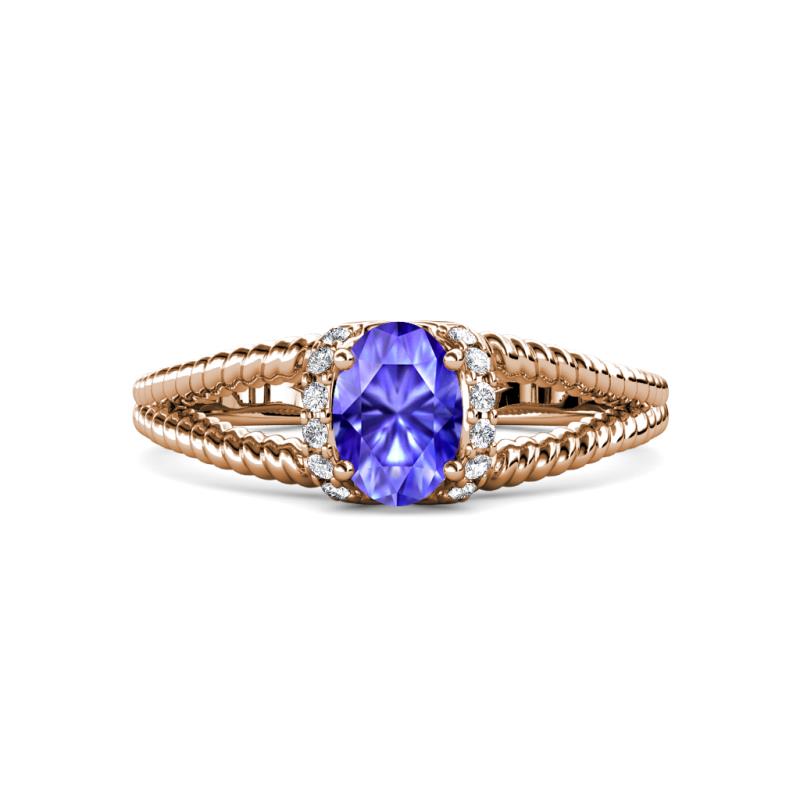 Ana Desire Oval Cut Tanzanite and Round Lab Grown Diamond Twist Rope Split Shank Engagement Ring 