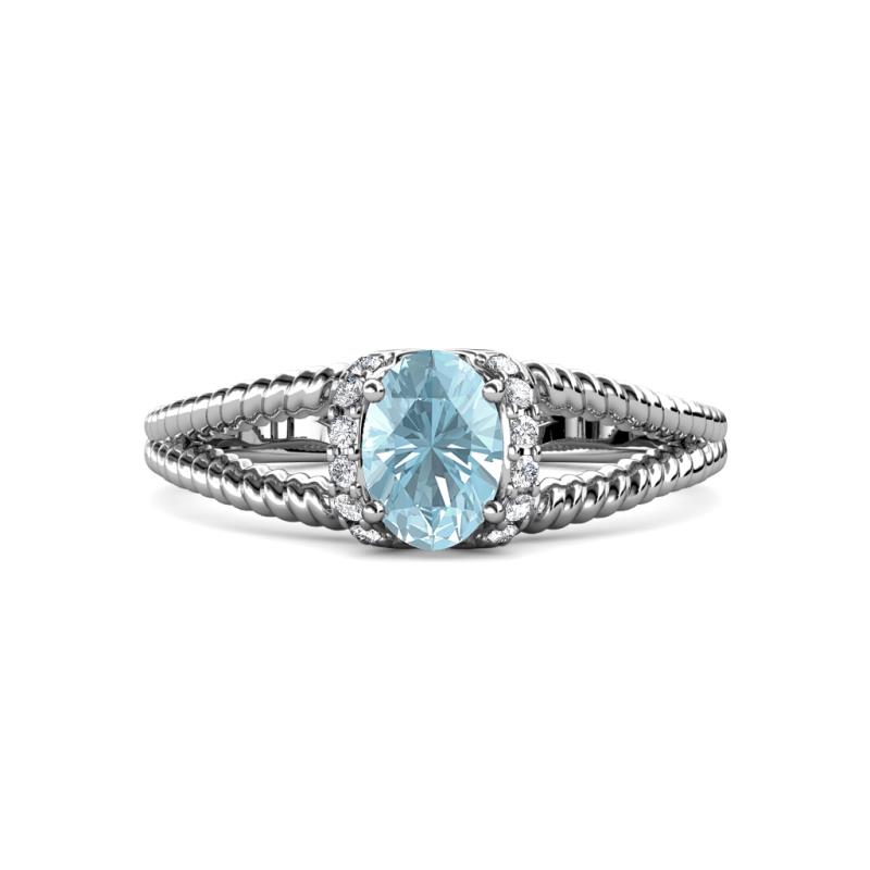 Ana Desire Oval Cut Aquamarine and Round Lab Grown Diamond Twist Rope Split Shank Engagement Ring 
