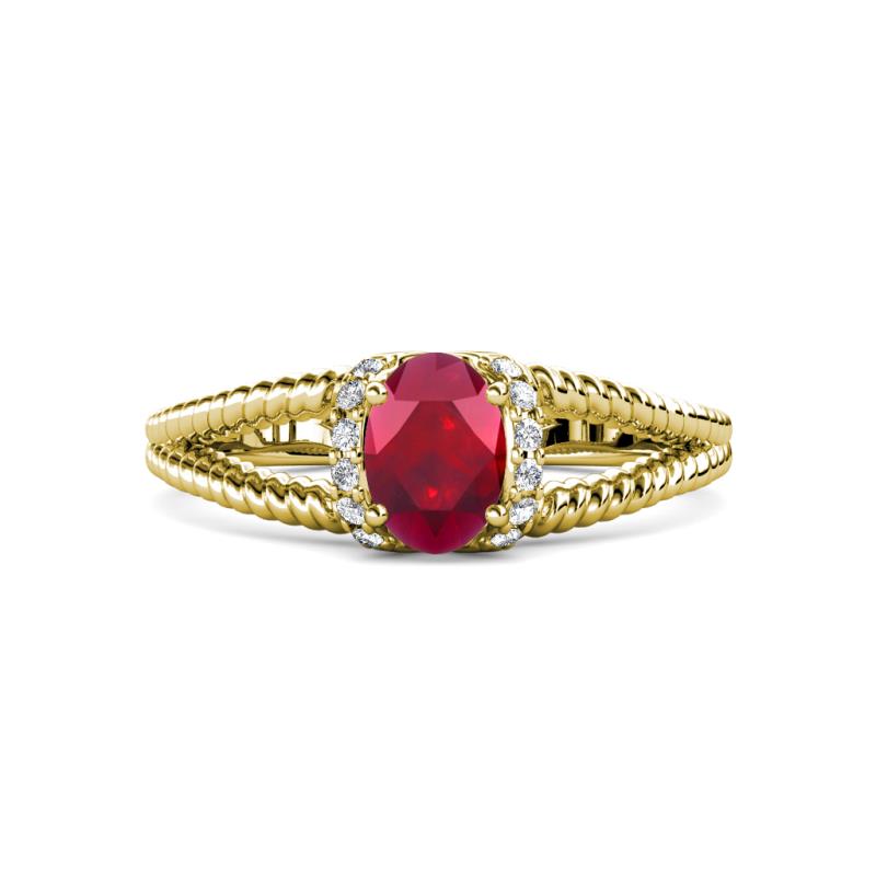 Ana Desire Oval Cut Ruby and Round Lab Grown Diamond Twist Rope Split Shank Engagement Ring 
