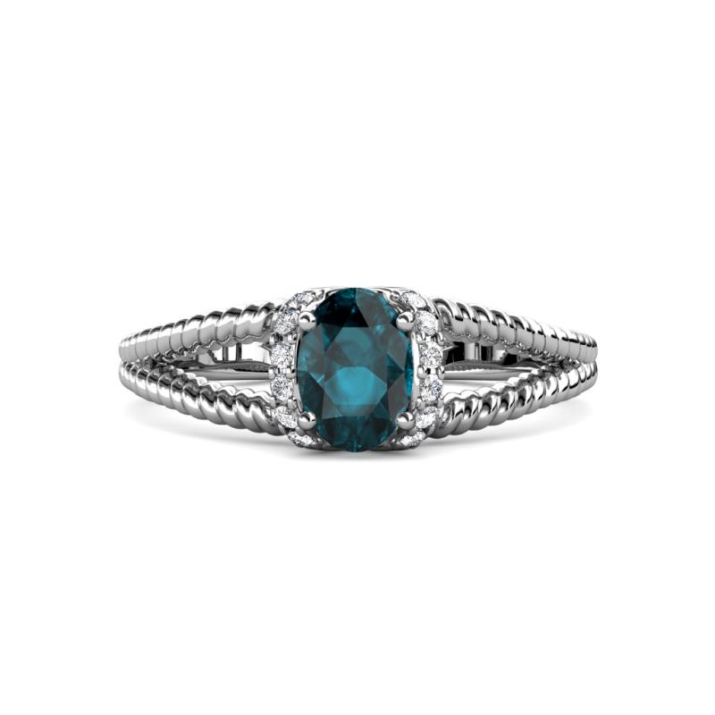 Ana Desire Oval Cut London Blue Topaz and Round Lab Grown Diamond Twist Rope Split Shank Engagement Ring 