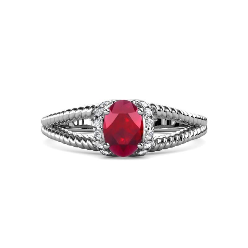 Ana Desire Oval Cut Ruby and Round Lab Grown Diamond Twist Rope Split Shank Engagement Ring 