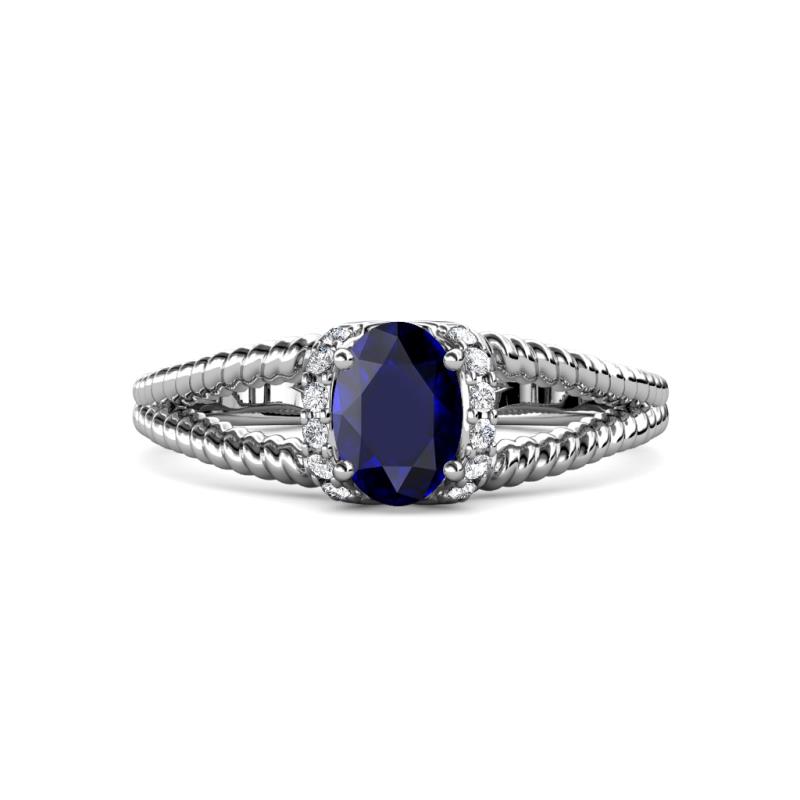 Ana Desire Oval Cut Blue Sapphire and Round Lab Grown Diamond Twist Rope Split Shank Engagement Ring 