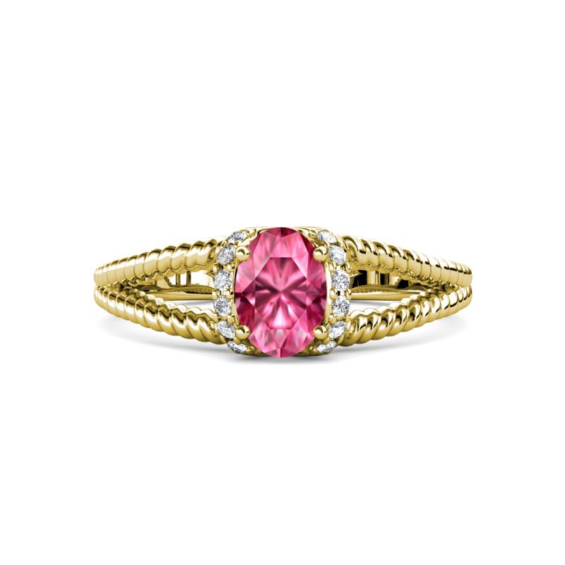 Ana Desire Oval Cut Pink Tourmaline and Round Lab Grown Diamond Twist Rope Split Shank Engagement Ring 