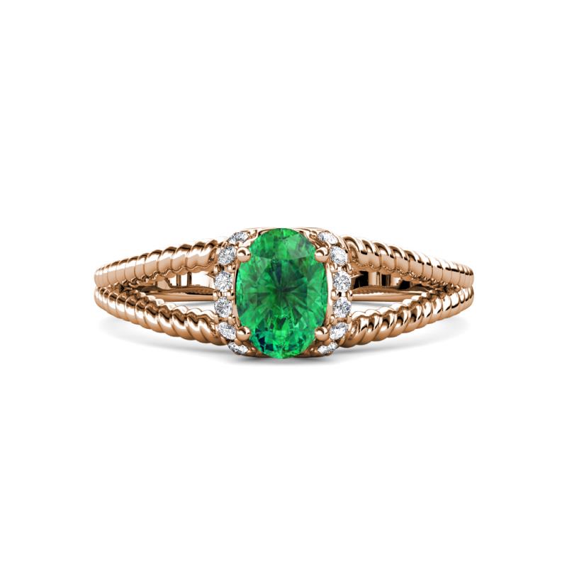 Ana Desire Oval Cut Emerald and Round Lab Grown Diamond Twist Rope Split Shank Engagement Ring 