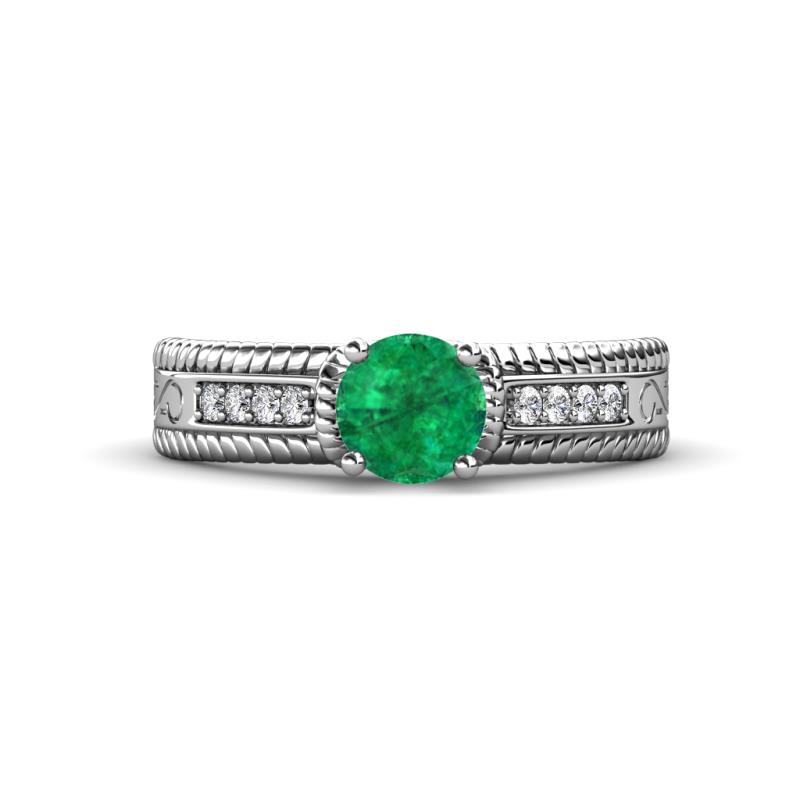 Moira Classic Round Emerald and Diamond Crisscross Shank Engagement Ring 